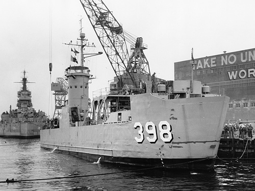 USS LSM 398 after conversion to a trials ship during an inclining experiment on 5 April 1954.