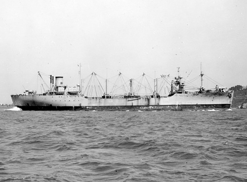 USNS <I>Marine Fiddler</I> (T-AK 267) on 8 March 1953 before her heavy lift conversion.
